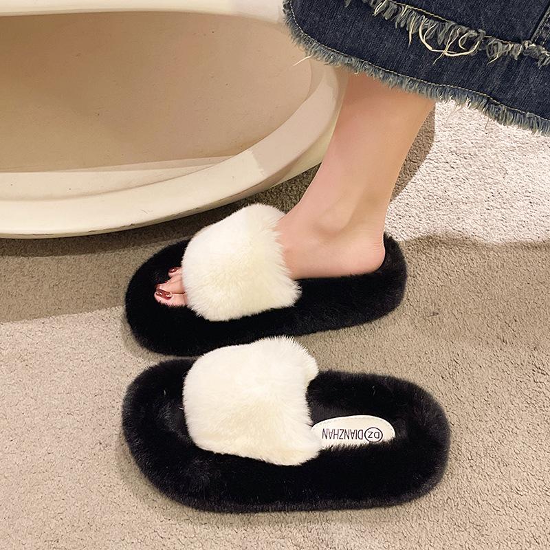 

Носите женские плюшевые двухцветные тапочки из кроличьего меха на толстой подошве для осени и зимы, домашние тапочки из хлопка с одним словом, в тренде 40