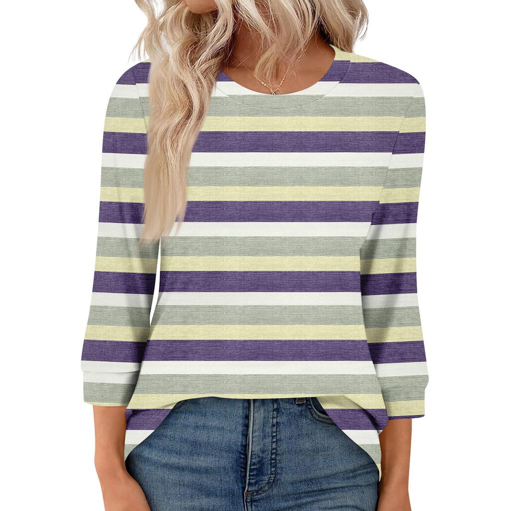 Women's Fashion Casual Seven Sleeve T-Shirt Print Round Neck Top