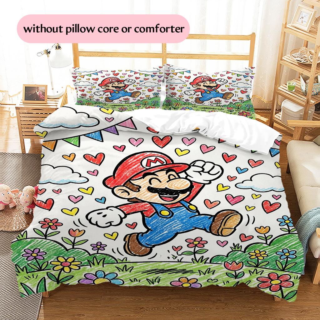 Mario Crayon Drawing Style Duvet Cover & Pillowcases, Mario Fan Hand-drawn Bedding, Great Gift.chl