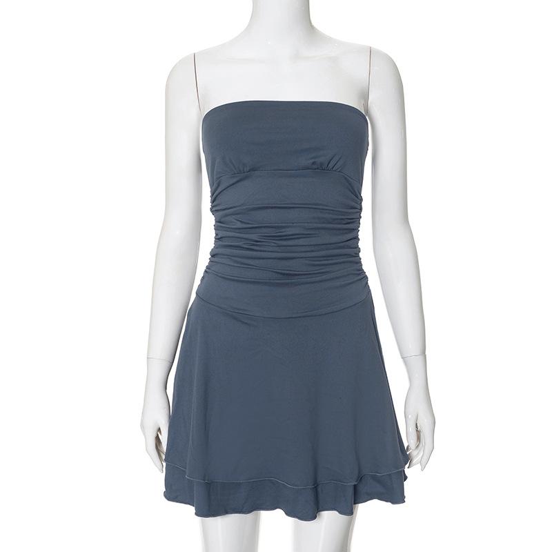 QICED Women Fashion Slim High Waist Pleated Skirt Solid Color Breast Dress