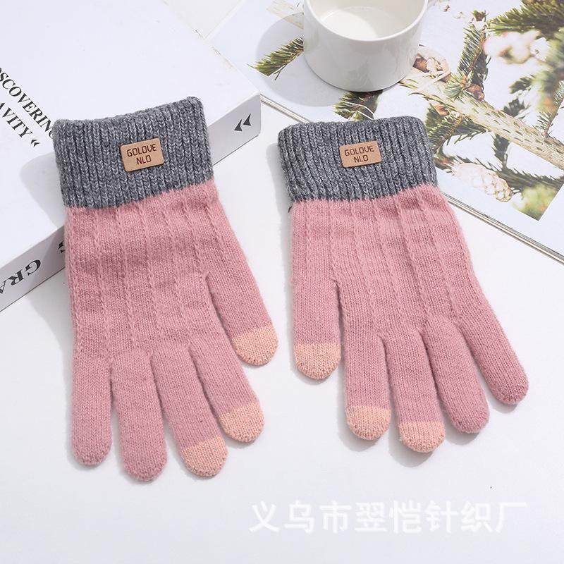 Fleece thickened warm and cold-proof five-finger gloves, riding fleece students winter windproof jacquard knitted gloves