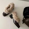 Square Head Mao Mao Warm Thick Heel Muller Shoes Autumn and Winter New French Medium Heel Velvet Single Shoes Women