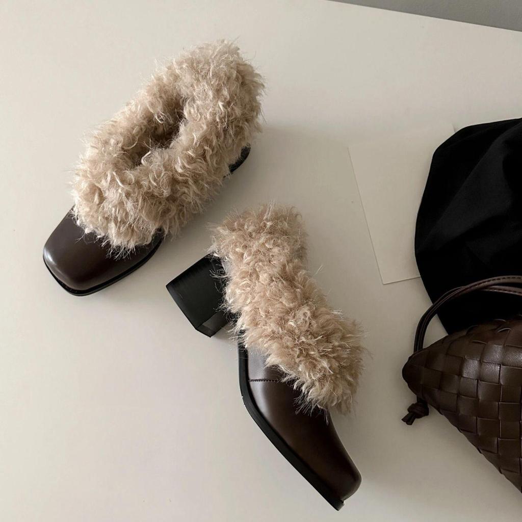 Square Head Mao Mao Warm Thick Heel Muller Shoes Autumn and Winter New French Medium Heel Velvet Single Shoes Women