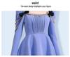 Chic Blue Retro French Square Neck Puff Sleeve Dress with Bow, 2024 Spring/Autumn.