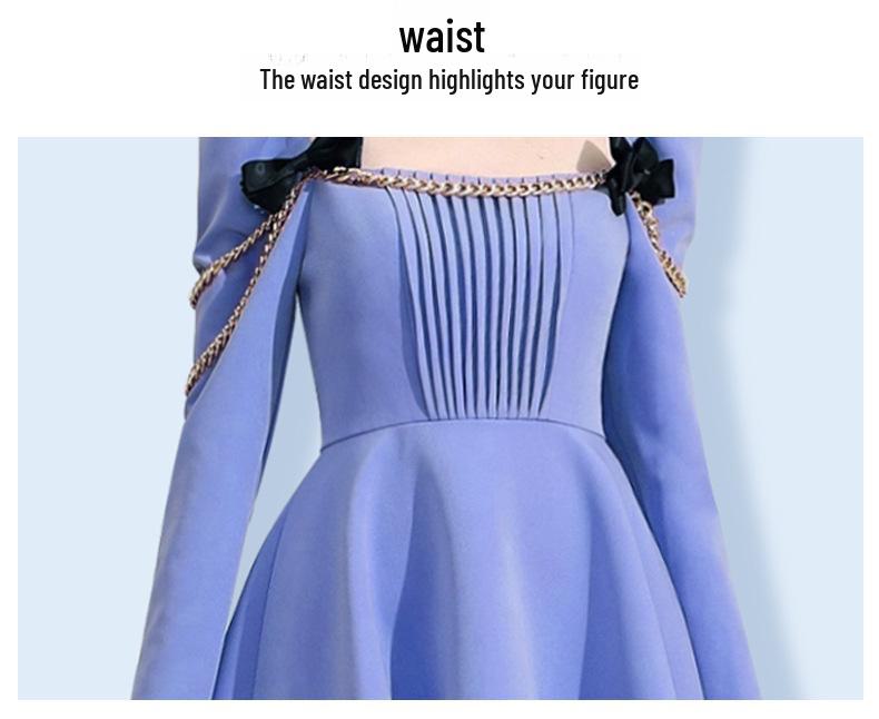 Chic Blue Retro French Square Neck Puff Sleeve Dress with Bow, 2024 Spring/Autumn.