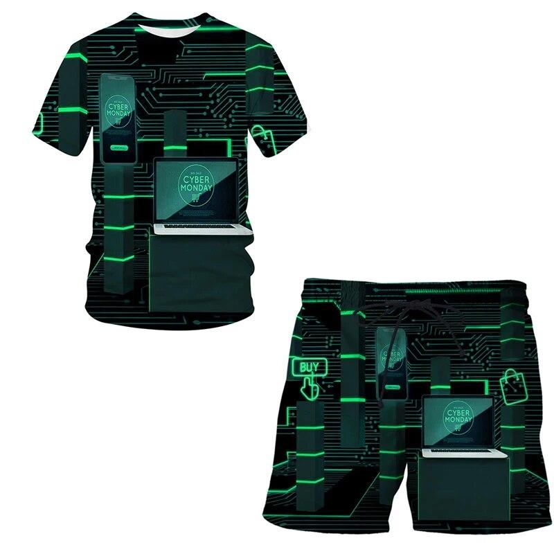 3D-Druck übergroßes modisches T-Shirt-Shorts-Set Harajuku Freizeit reifer Kurzarmanzug Mobile Technologie Zweiteiliges Set
