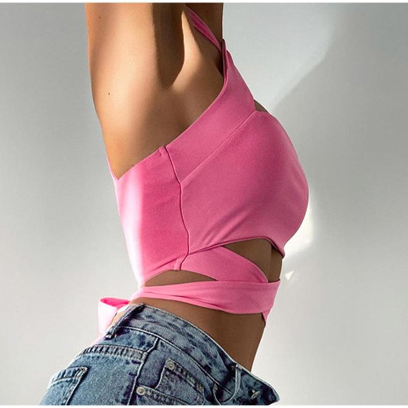 Cross Halter Women Tank Crop Top Hollow Out Bandage Backless Slim Sexy Female Vest 2023 Summer Fashion Ladies Pink Ladies Corset