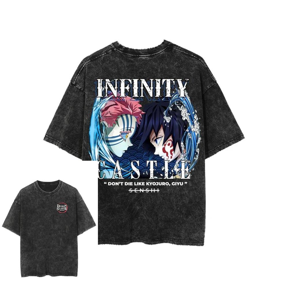 2026 Hot Sale Demon Slayer Infinity Castle Giyu Akaza T Shirt Vintage Washed Oversized Cotton Graphic Tees Harajuku Streetwear 2XL