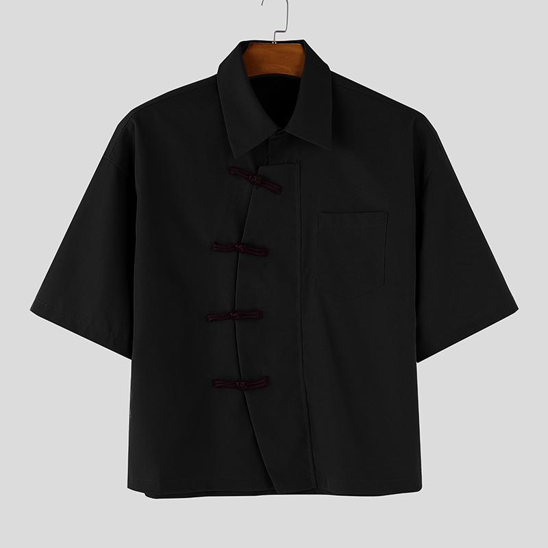 INCERUN Summer Men Lapel Neck Short Sleeve Side Knot Casual Loose Shirts S