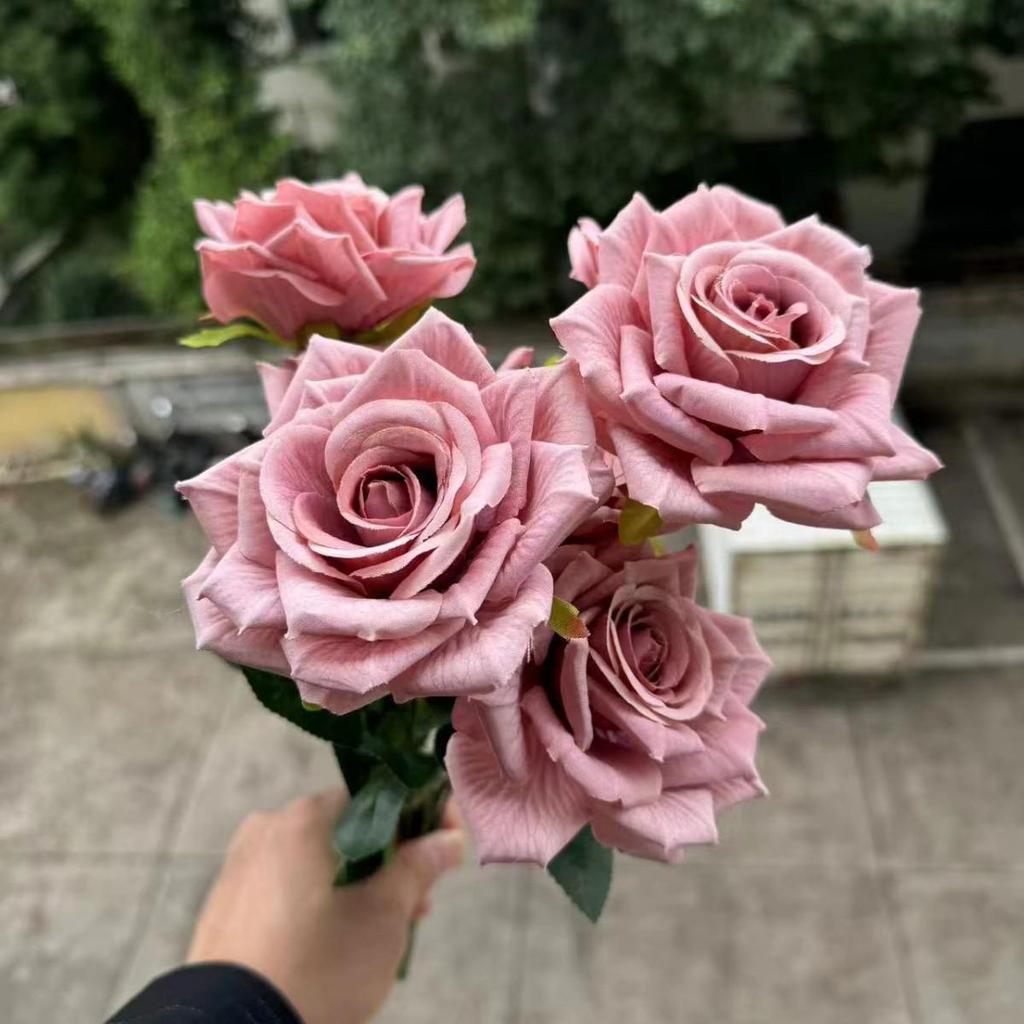 7-Head Ruffled Cappuccino Rose Bouquet - Vintage Artificial Flowers for Home or Wedding Decor