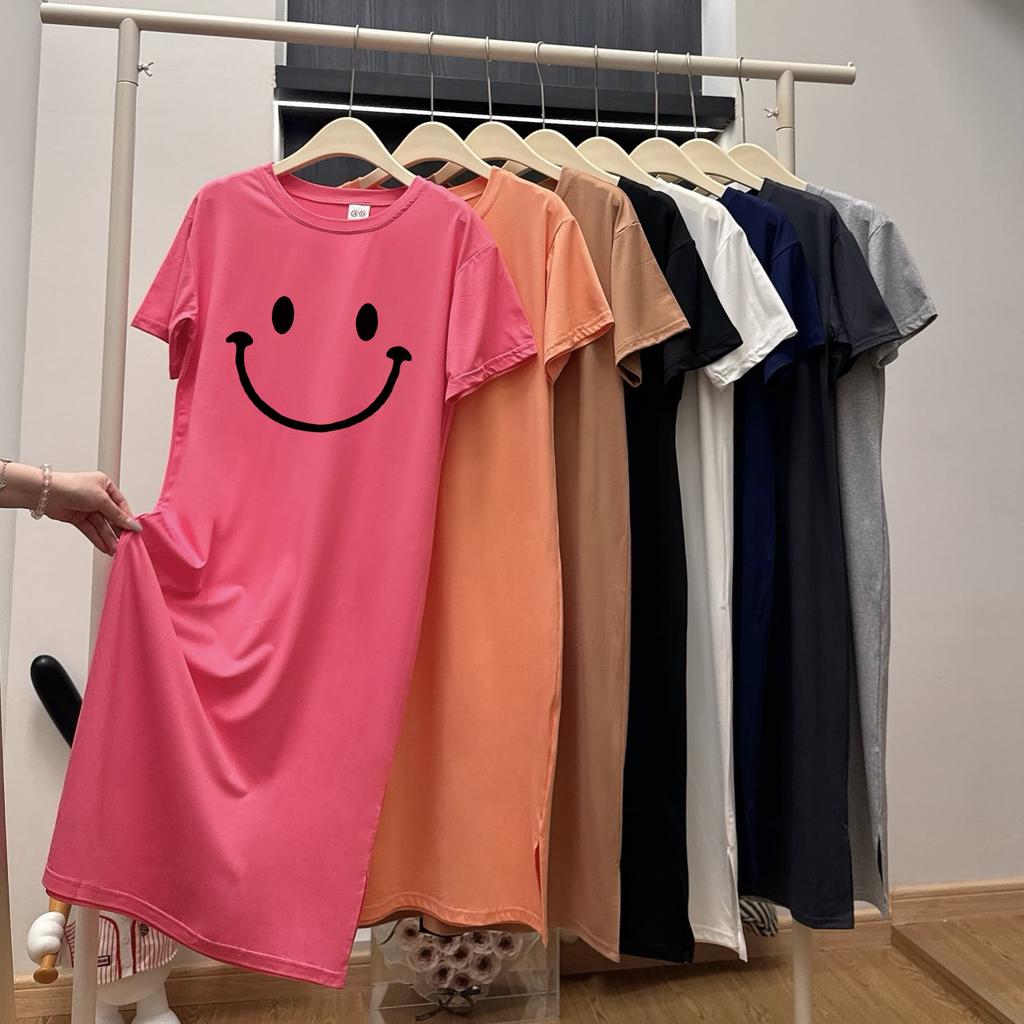 Loose-fitting Large-sized Women's Round-neck Short-sleeved T-shirt Dress, Long Laid-back Style Dress, Knee-length Sleeping Dress