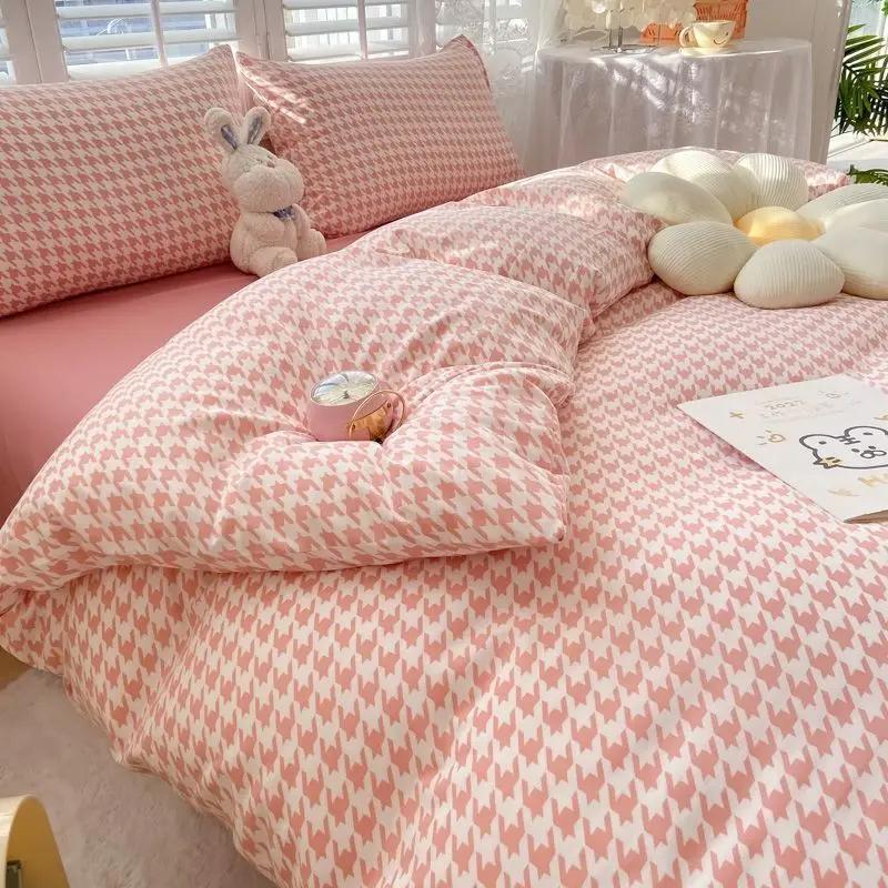 Kawaii Bedding Set Kids Adult Flat Sheet Duvet Cover Pillowcase Single Double Full Size Bed Linen Floral Cherry Home Textile