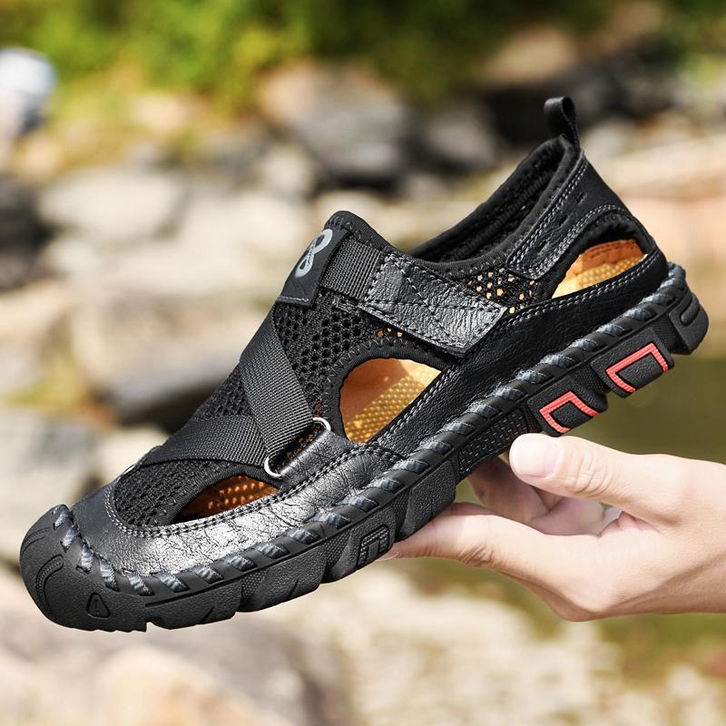 Fashion Breathable Mens Sandals Handmade Leather Male Summer Shoes Outdoor Walking Beach Flats Cool Mesh Sneakers Non-Slip Men Sandalias