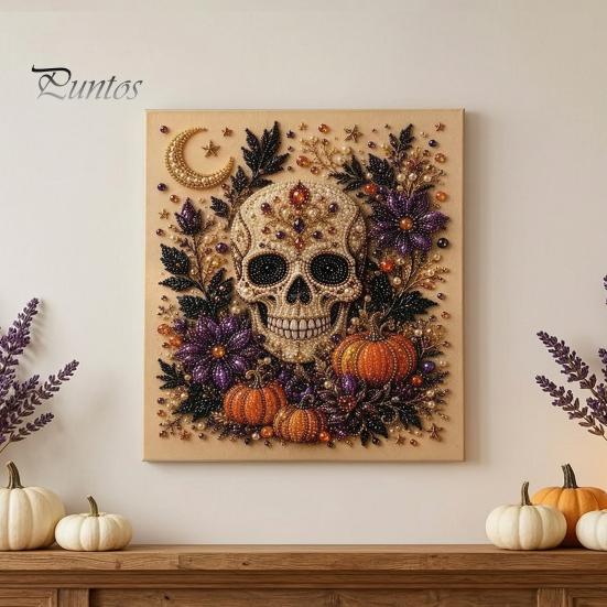 Festliche Kunst mit Kunstperlen für die Heimdekoration 2 Stück Halloween-Kunst, Geist Kürbis Hexe Krähe Malerei DIY Entspannendes Bastelset, 3D Schädel Basteln
