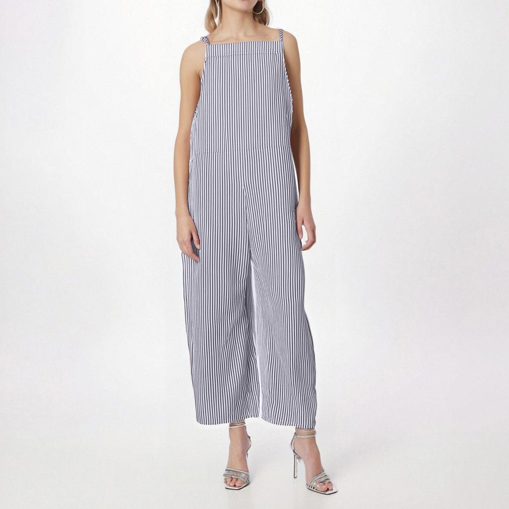Women's Casual Fashion Pocket Tie Sleeveless Striped Jumpsuit
