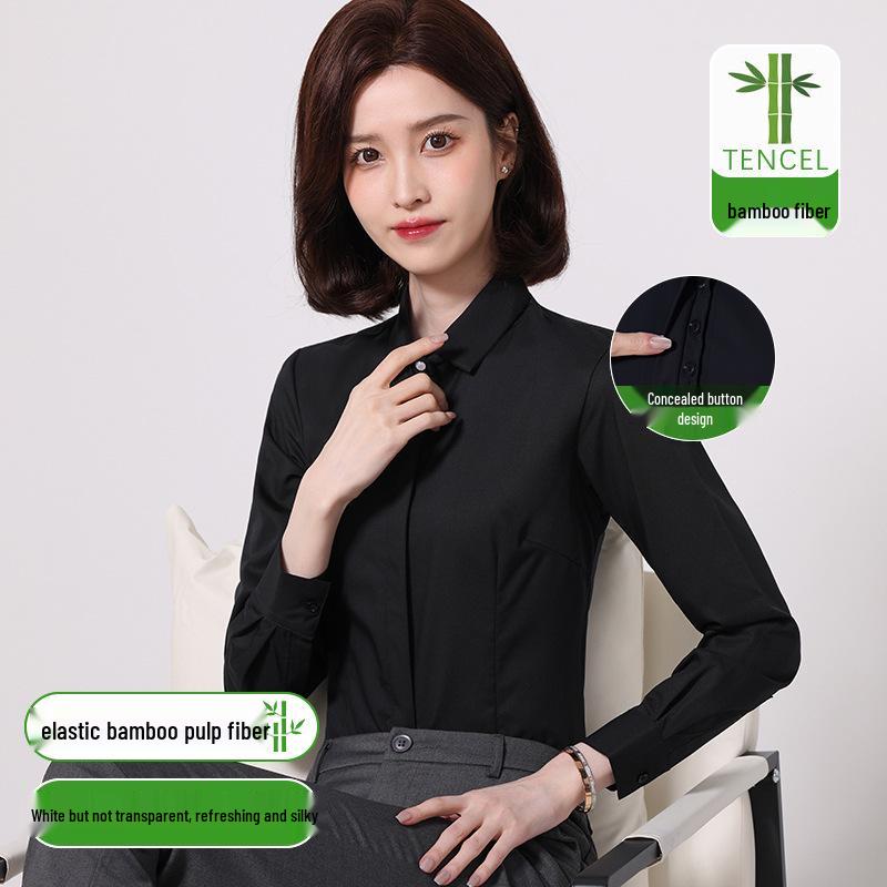 Women's Slim Fit Long Sleeve Bamboo Fiber Anti-Wrinkle White Shirt for Business or Casual Wear