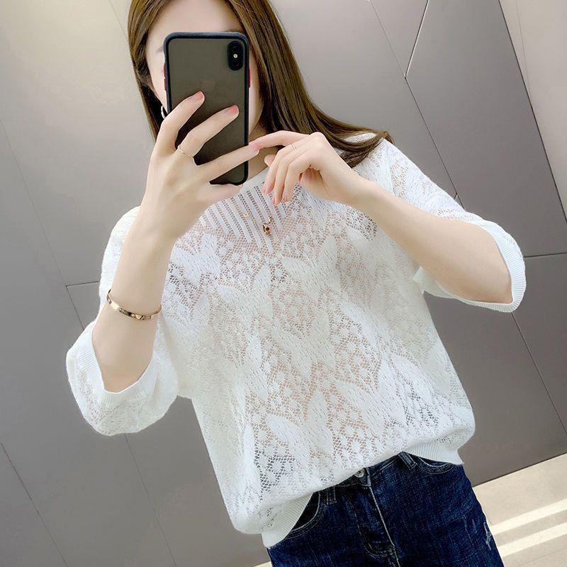 

Fashion temperament Elegant perspective hollow knitted sweater Women s casual trend Spring and summer loose solid color thin outer top Average size 54-48 білий
