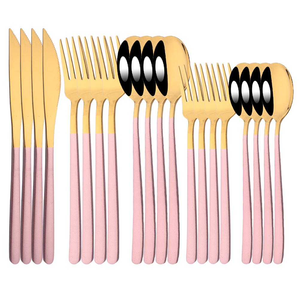 20Pcs Pink Silver Dinnerware Set Knife Dessert Fork Spoon Flatware Cutlery Set 304 Stainless Steel Silverware Tableware Kitchen