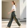 Womens High-Waist Straight Leg Jeans Vintage Washed Cotton Denim Wide Pants Non-Stretch
