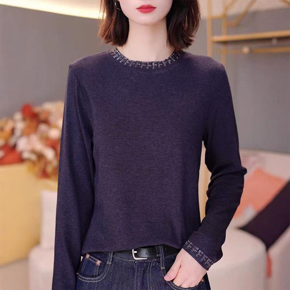 

Elegant Rhinestone Long Sleeve Round Neck Base Layer Top for Women L