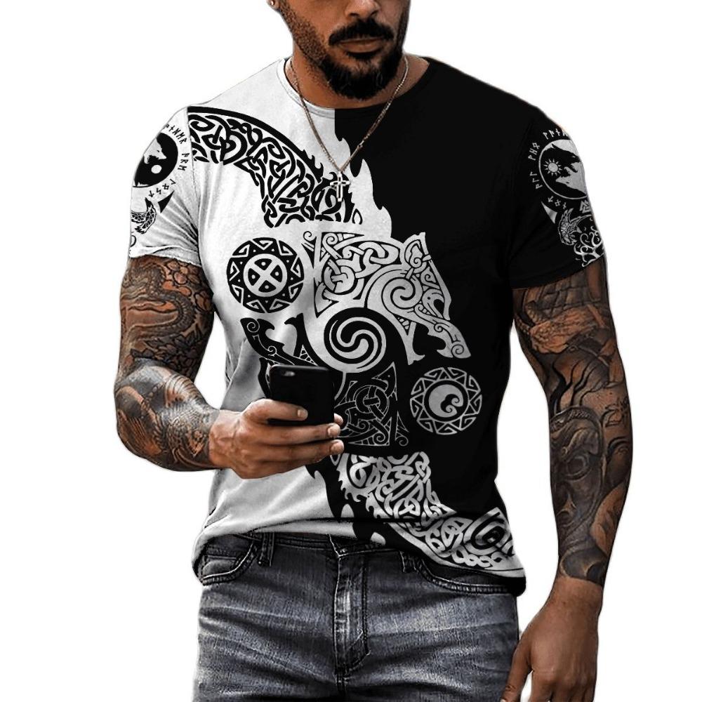 Summer Casual Viking Symbol Crow Tattoo Red 3D Printed Men's T-shirt Round Neck Short Sleeved T-shirt Unisex Street T-shirt Top