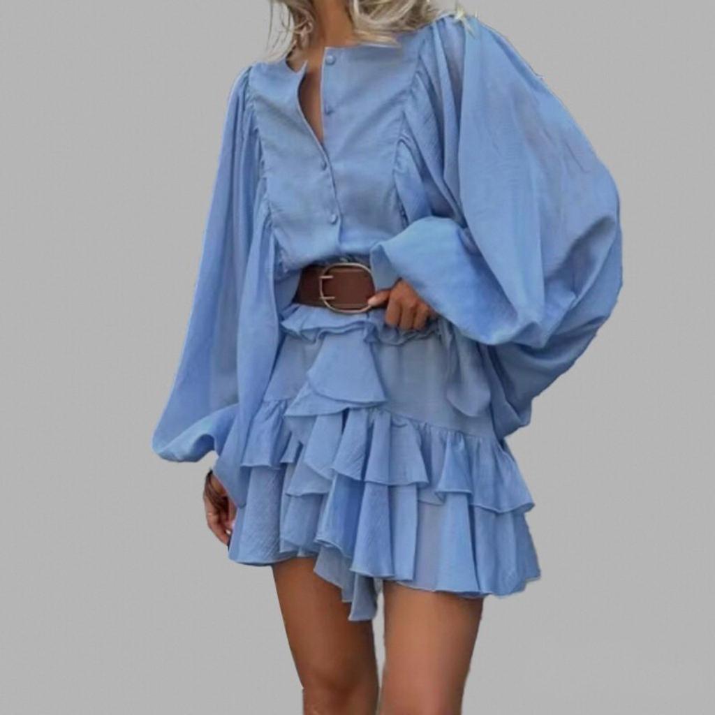 European and American women's clothing, new spring models, elegant temperament, solid color waist model, ruffle edge dress.