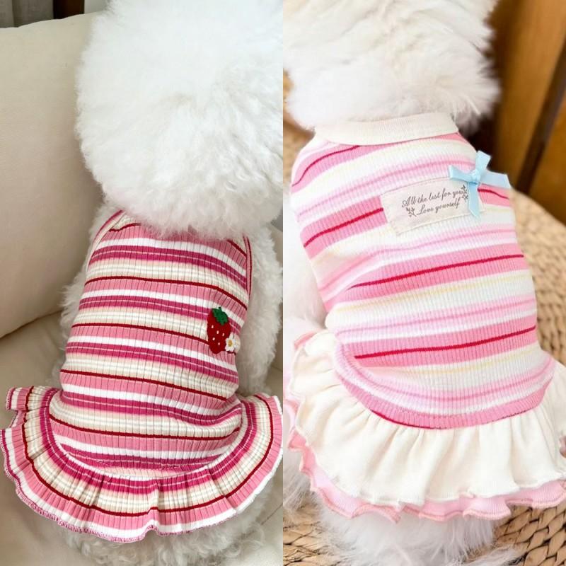 Dog Dress Girls 2 Set Dog Summer Clothes Cooling Skirts Puppy Dresses Striped Strawberry Print Cat Dog Clothing Chihuahua Outfit
