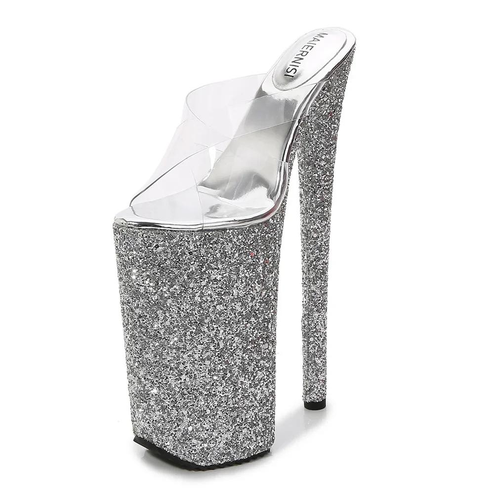 Fashion Fashion Models Transparent Sexy Slippers 2024 Summer New Women Sequins Platform High Heels Shoes 26CM Stilettos Sandals Ladies