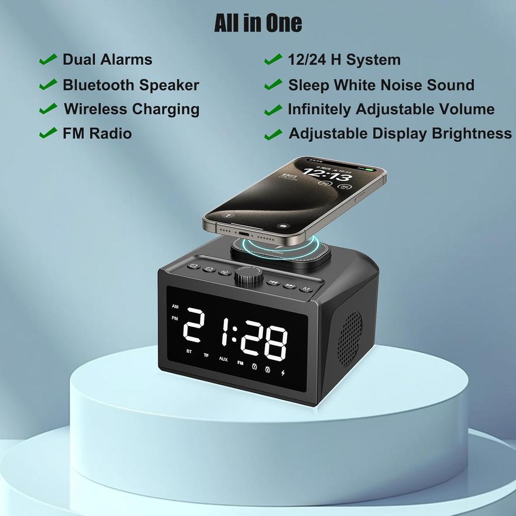 Alarm Clock for Bedroom, Digital Clock FM Radio with 15W Wireless Charging, 10W Loud Stereo Bluetooth Speaker with AUX TF USB Input, 6 Sleep White