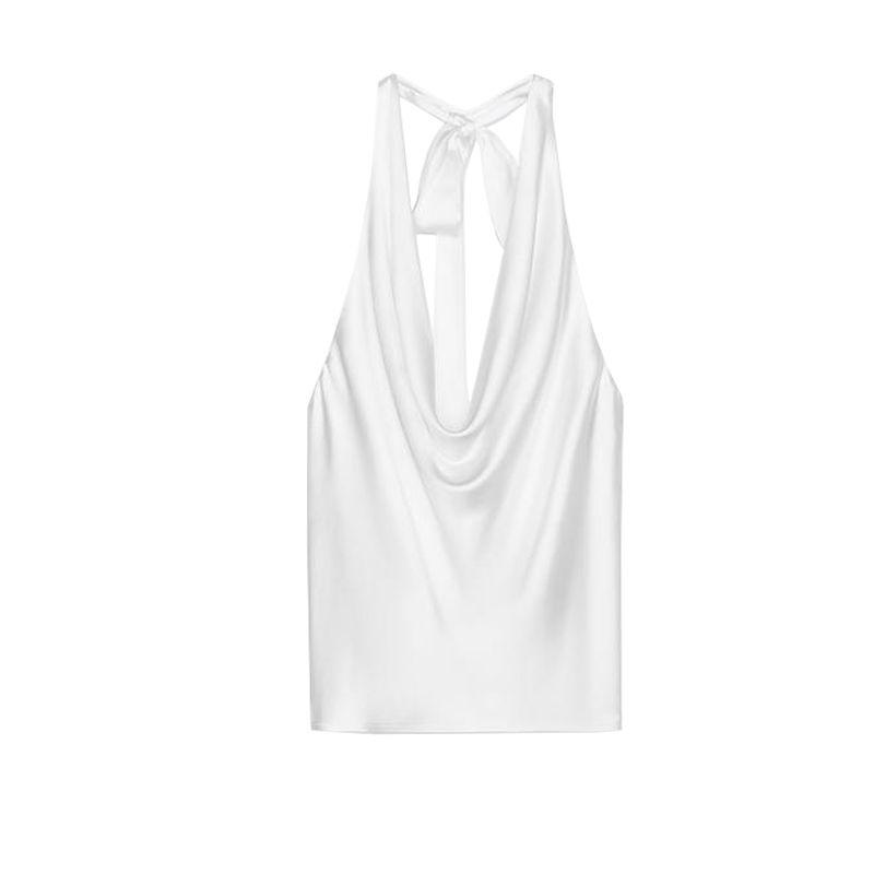 Spring and Summer New Women's Clothing Bowknot Decoration Draped Fashion Hanging Collar Silk Satin Texture Tops 2892650