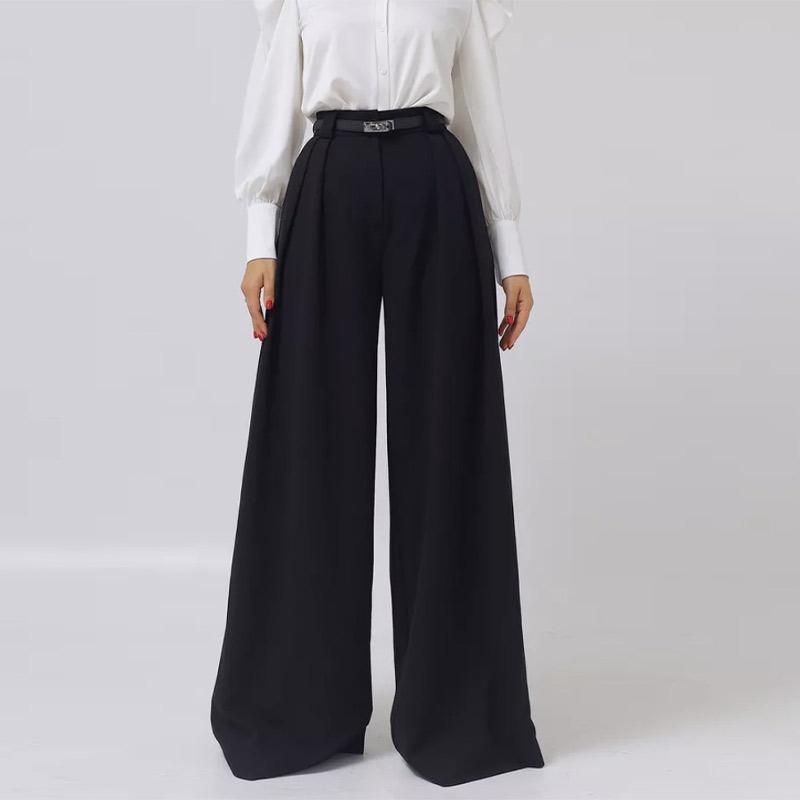 

Повседневные однотонные широкие брюки для поездок на работу, женские свободные универсальные брюки с высокой талией, весенне-осенние темпераментные брюки L чёрный