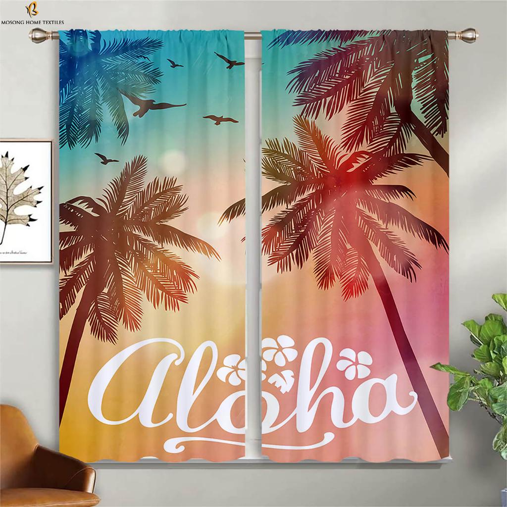 Seaside Scenery Decorative Curtains Beach Coconut Trees Blue Sky Sunset Sea View Room Living Balcony Printed Made Of Polyester Window Treatment