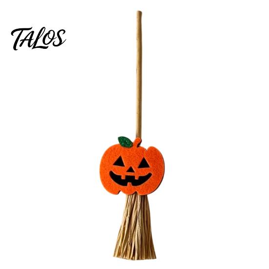 Exquisite Holiday Tabletop Accents Halloween Mini Broomstick Ornament, Witch Pumpkin Bat Ghost Decor with Natural Grass Wizard Hat Flower Decoration