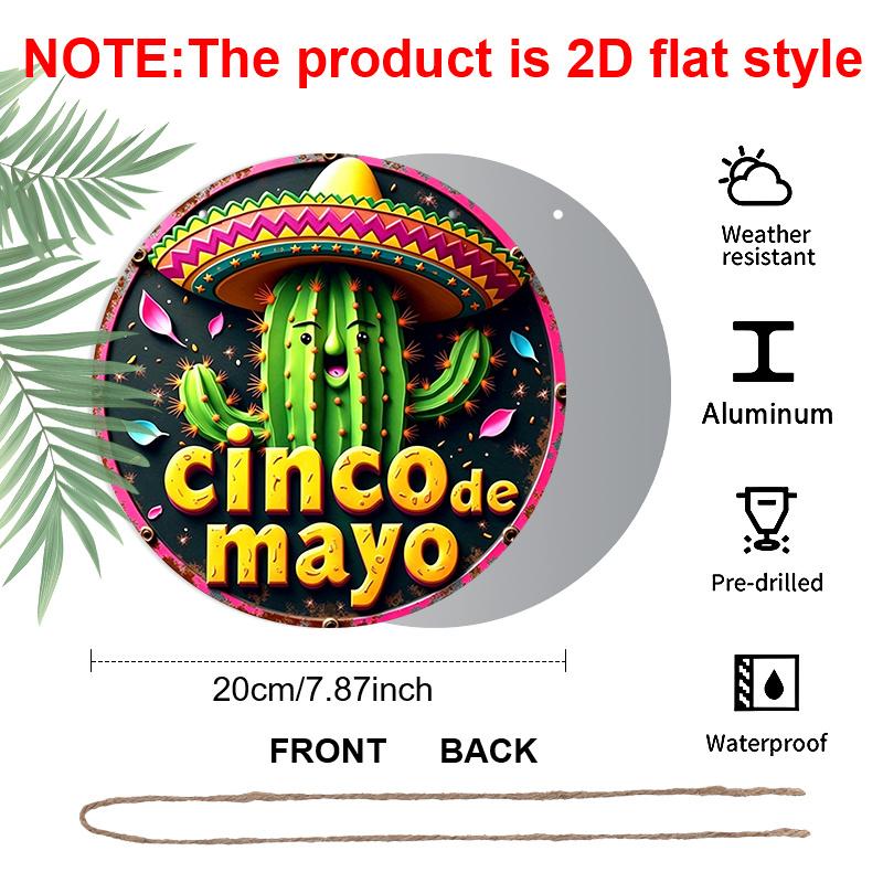 2D Flat, 1pc Cinco De Mayo Round Aluminum Sign, Holiday Spirit Metal Sign - Festive Celebrations Rustic Metal Wall Art, Cactus Character for Party