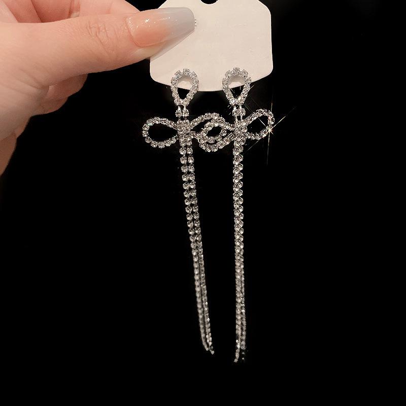 925 Sterling Silver Rhinestone Bow Tassel Earrings with Zirconia Stones for Women - Trendy Celebrity Style
