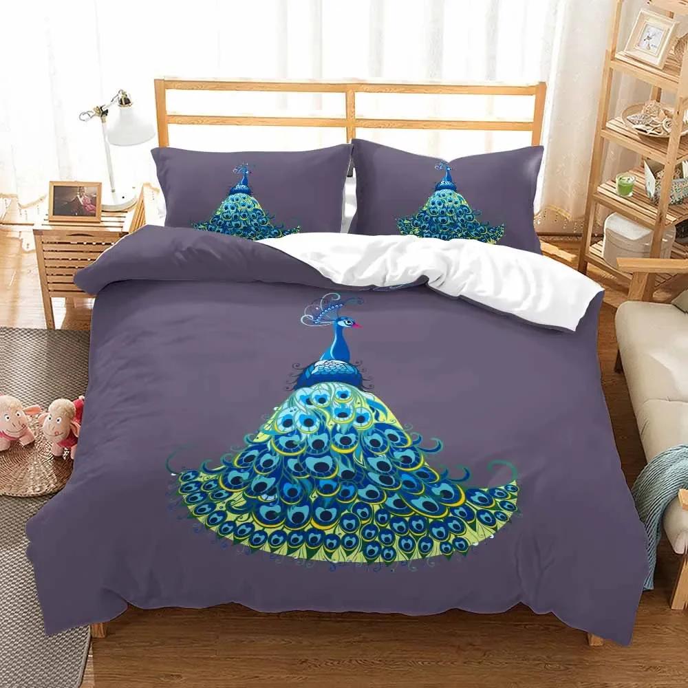 Comforter Print Leaves Bird Feathers Bed Sets Queen Size 100% Polyester Bedclothes 3Pcs Whole Set Peacock Bedding Set Bedroom