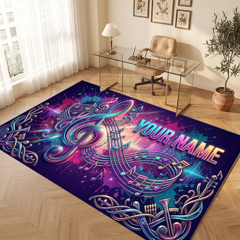 Music Theme Soft Crystal Velvet Rug Custom Name & Text Print Non Slip Floor Rug for Bedroom Living Room