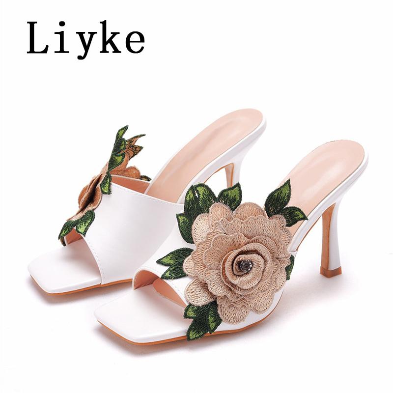 Fashion Liyke Fashion Design Embroidery Flower Women's Thin High Heels Slippers Sandals Street Sexy Square Toe Summer Party Dress Shoes
