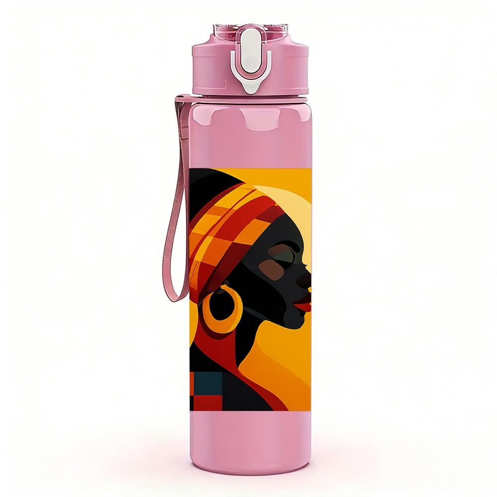 1PC Black Woman Profile Ethnic Art Print 750ml Color Plastic Sports Water Bottle Leakproof Flip Straw Lid Suitable for Sports Office Home Use