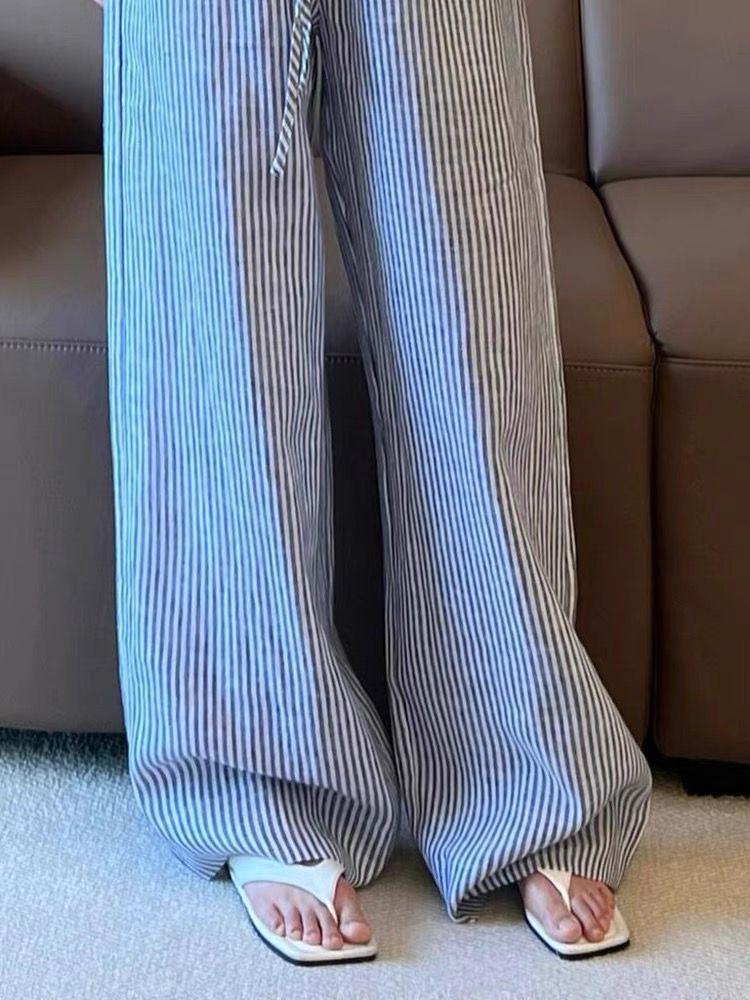 Stylish Linen Striped Pants: Slimming, Elastic Waist, Loose Fit, with Good Drape—Perfect for Spring and Summer.