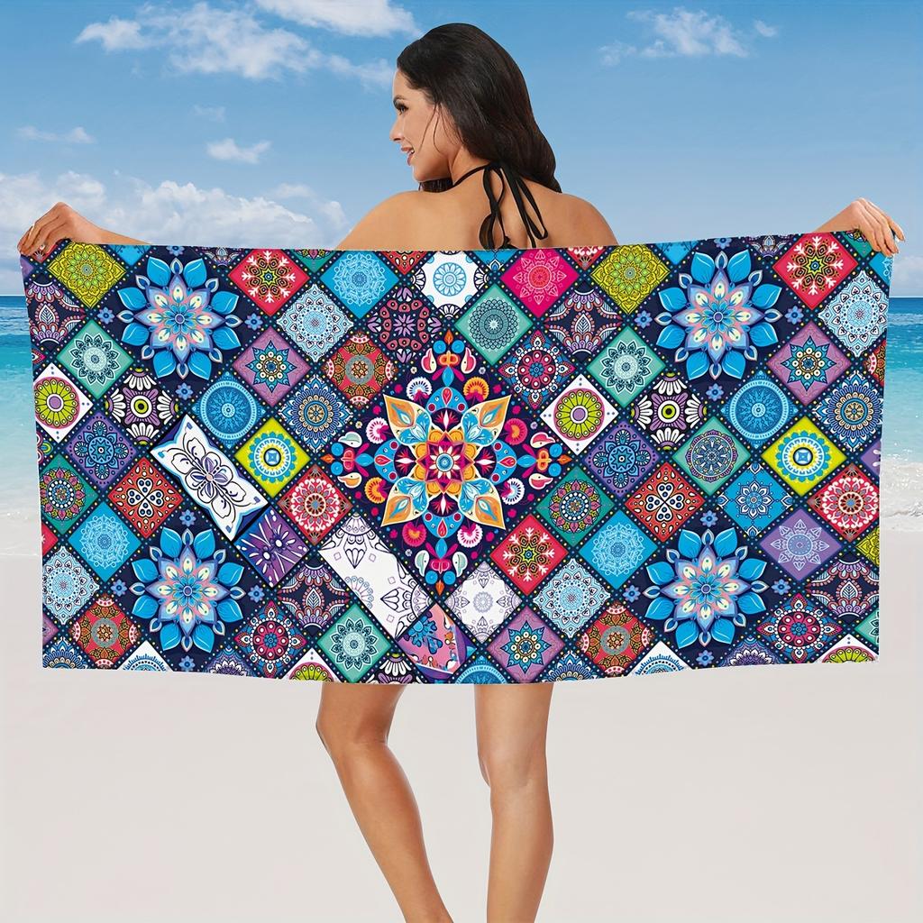 Colorful Mandala Pattern Beach Towel, Exotic Geometric Art Quick-Dry Sand-Free Microfiber Bath Towel for Yoga, Swim and Travel