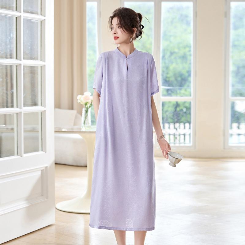 

Платье из шелка хуало, модный принт, шнуровка на талии, женское платье из шелка тутового дерева с разрезом 2XL фиолетовый