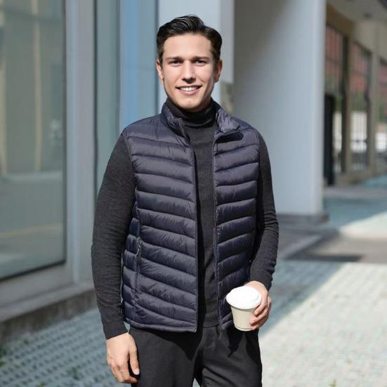 Men Waistcoat Vest Stand Collar Sleeveless Zipper Closure Windproof Vest with Pockets Solid Color Winter Thermal Jacket