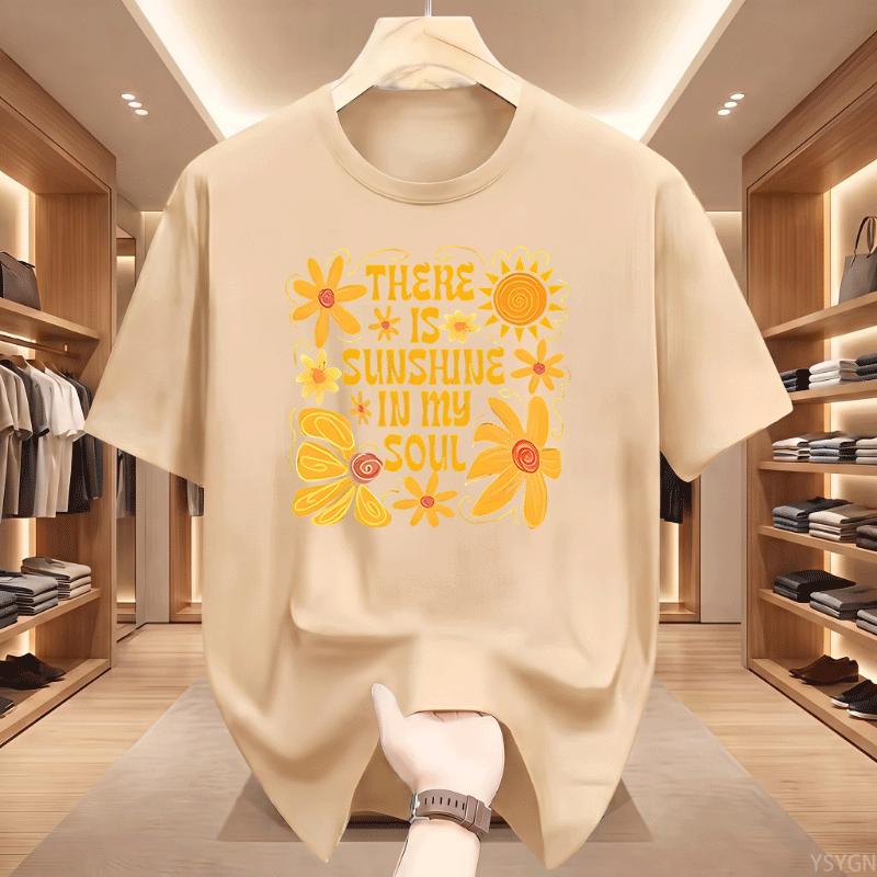 There Is Sunshine In My Soul Floral Sun Graphic T Shirt Unisex Retro Yellow Flower Quote Print Tee Casual Short Sleeve Cotton Top