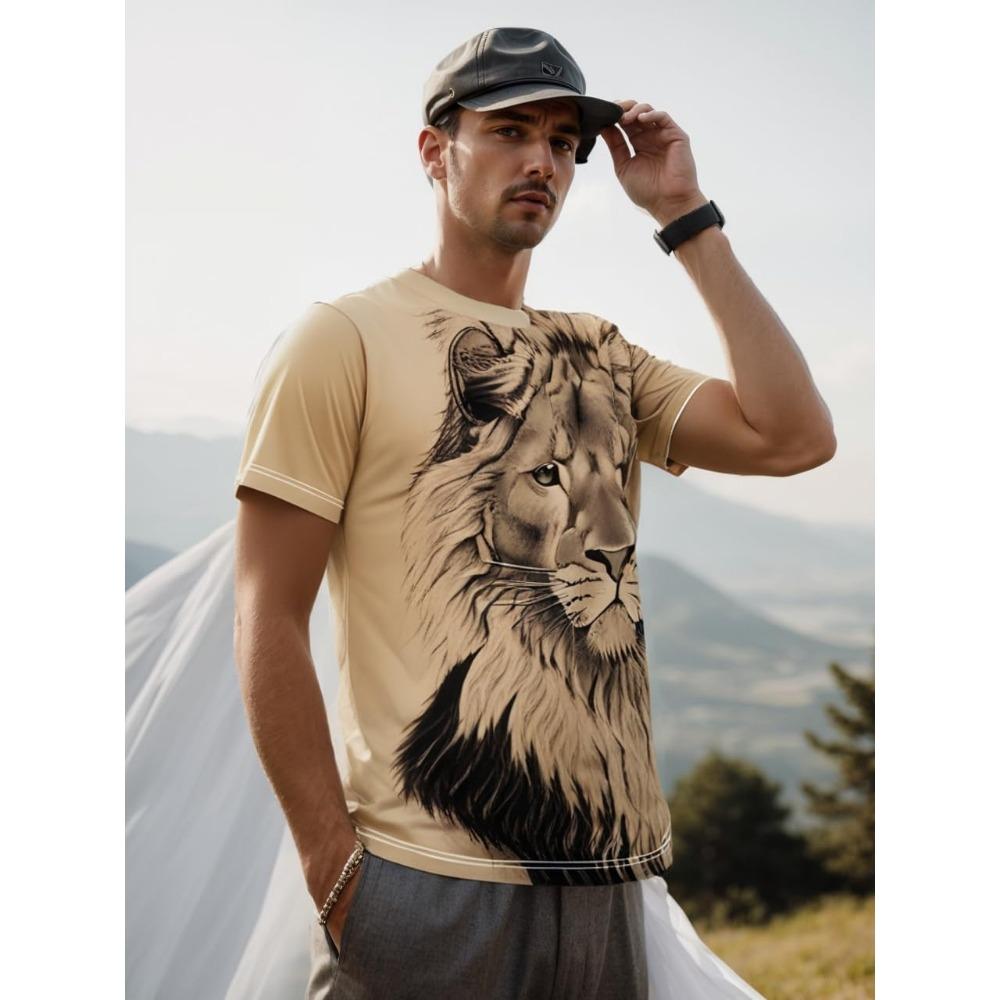Vintage Lion Shirt Men Fashionable Round Neck Casual Tee Summer Short Sleeve T-Shirt for Men