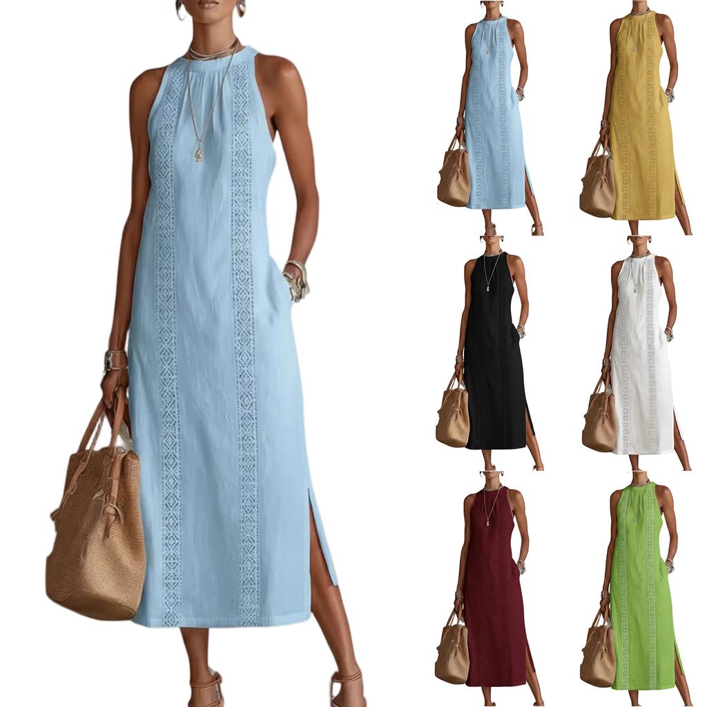 Modisches Vintage Komfortables Damenkleid aus Baumwoll-Leinen-Mischgewebe mit Spitzen-Einsätzen
