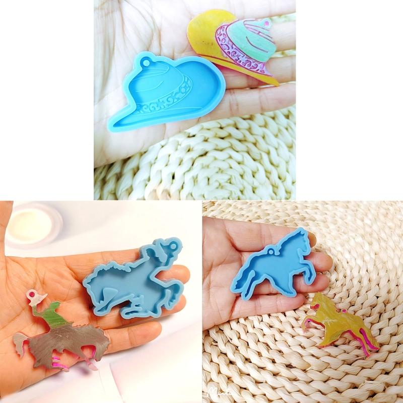 Shiny Glossy Horse Riding Cowboy Hat Keychain Silicone Epoxy Resin Mold DIY Pendant Jewelry for Valentine Gift Craft