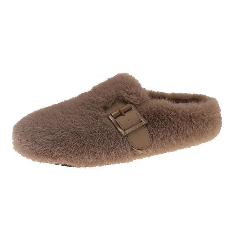 French Flat-bottomed Fluffy Slippers for Women's Outer Wear 2025 Autumn and Winter New Models Are Great-looking, One Pedal, Velvet Mary Jane Cotton Mo