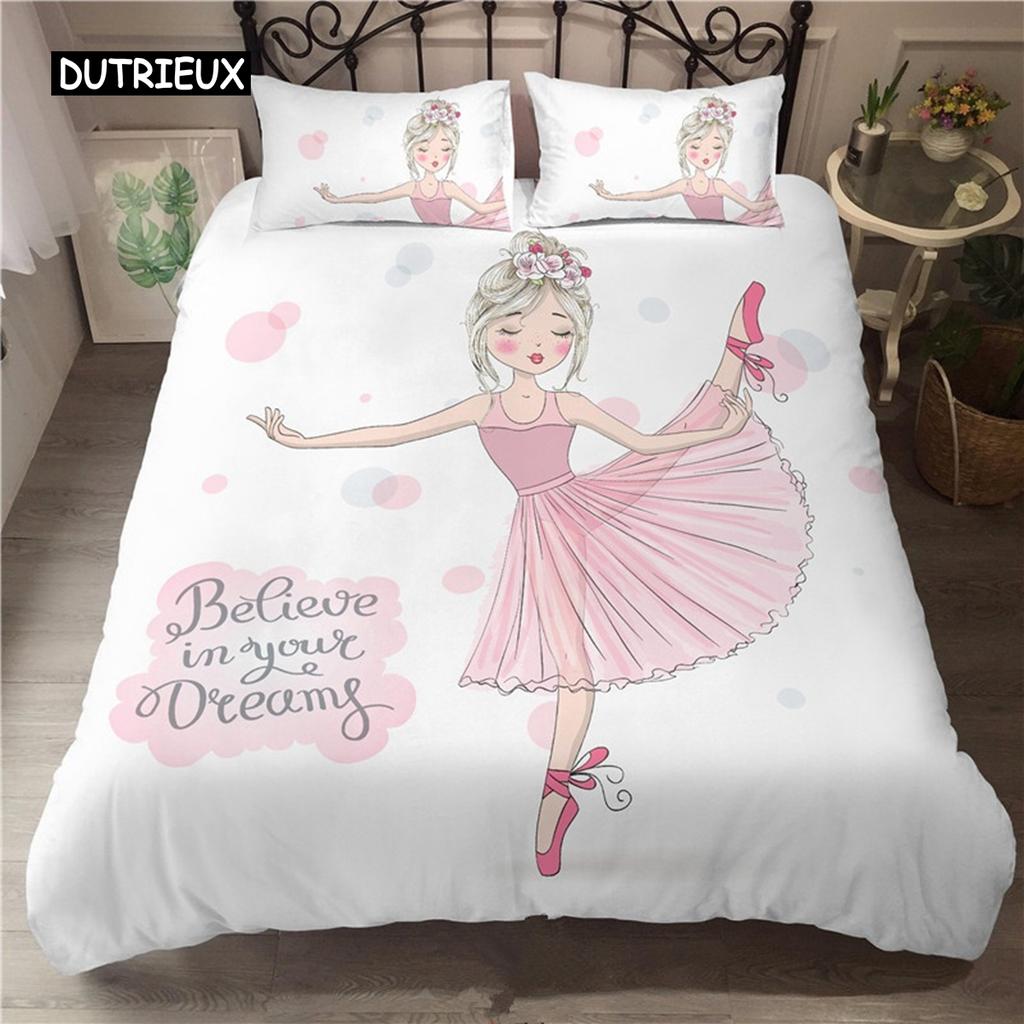 Ballet Dancing Girl Duvet Cover Set Cartoon Ballerinas Girl Bedding Set for Kids Teens Microfiber Double Queen King Quilt Cover