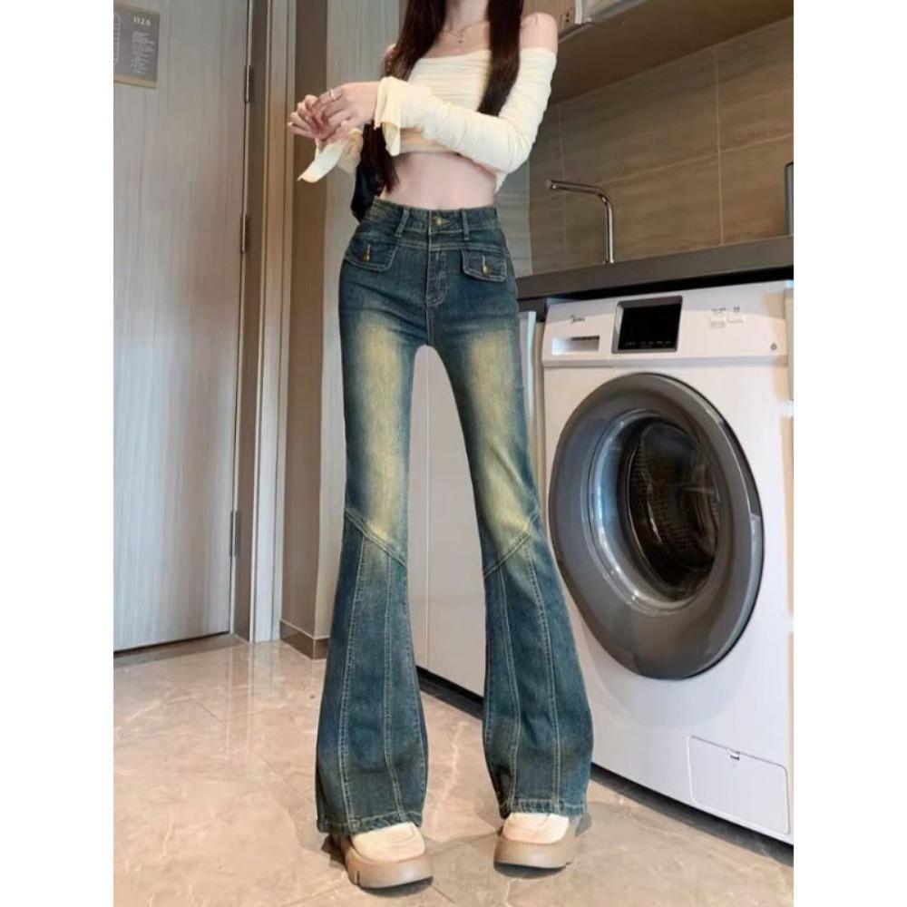 American street retro high-end Spice Girl micro-pull jeans spring and autumn new thin micro-pull jeans